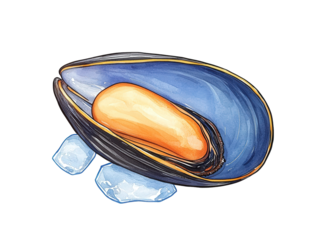 A vibrant blue mussel shell partially open, showcasing a bright orange interior and accompanied by ice cubes, Transparent Background.