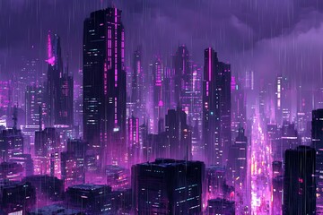Obraz premium Retro 8bit cyberpunk cityscape at dusk neonlit skyscrapers with pixel rain falling synthwave colors nostalgic gaming aesthetics dramatic lowangle perspective