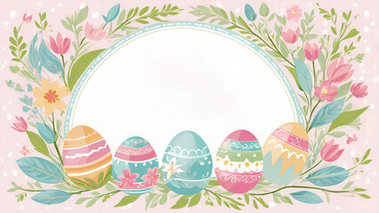 Colorful Easter eggs and egg shaped frame made of spring pastel colored flowers on a pink background. Banner with space for text.Greeting card.