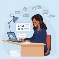 Obraz premium Ilustración plana de un agente de un centro de llamadas o un representante de servicio al cliente que trabaja con una lista de verificación de computadora y marcas de verificación
