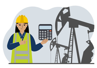 A female refinery engineer worker uses a tableted oil pumping unit. Energy industrial zone, oil drilling.