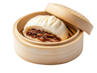 A soft, steamed bun with a glossy surface, filled with savory ingredients, resting inside a bamboo steamer, Transparent Background.
