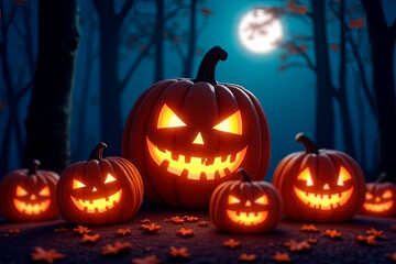 Halloween background with pumpkins lying on the ground.created with the help of artificial intelligence.