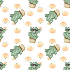 Seamless Pattern with Cactus Plants. Variety cute of different types of cactus, hand drawn.