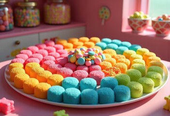 vibrant candy display featuring diverse textures bold colors eye catching arrangement, colorful, treats, sweets, vibrancy, patterns, shapes, variety