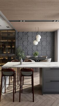 Modern studio apartment with open space living room and kitchen. 3d render