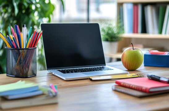 desk with laptop, books, and school stationery,