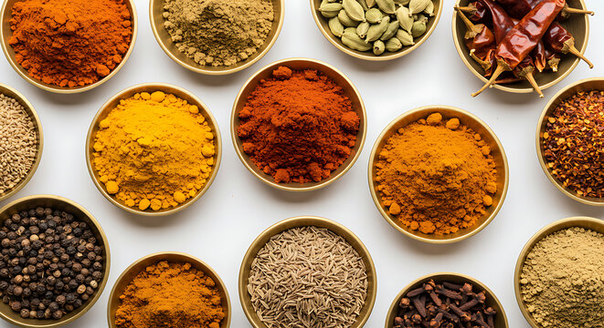 Assortment of Indian Spices Arranged in Traditional Brass Bowls