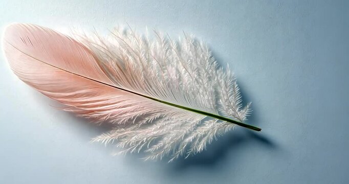 Close-up video of a single feather with soft pink and white plumes on a light blue background. The feather's delicate texture and subtle color variations are emphasized