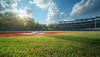 Ground-level view of an empty baseball field with green grass, red dirt, white base, stadium seating, and a partly cloudy blue sky
