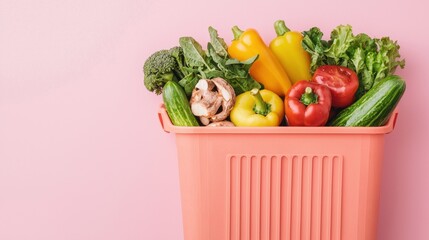 Fresh and Colorful Vegetables in a Basket on a Pink Background for Health and Wellness Concepts