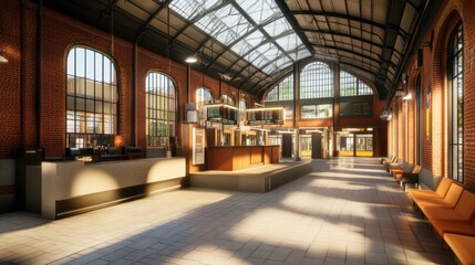 A train station under renovation with restored ticket counters and updated seating areas