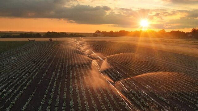 Aerial view drone shot of irrigation system on agricultural cabbage field at sunset helps to grow plants in the dry season. Beautiful landscape rural scene with orange sky with clouds and sun