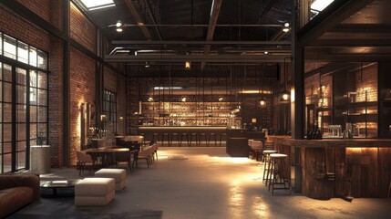A warehouse being turned into a chic coworking space with exposed brick and modern lighting