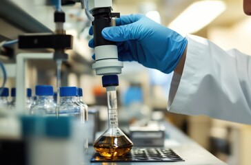 Technician using refractometer to analyze oil sample,