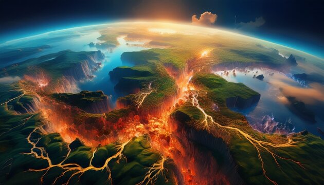 A satellite image showing the devastating impact of human expansion on nature, highlighting deforestation, urbanization, and environmental degradation.
