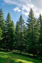 a view of a path through a forest with tall trees
