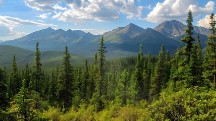 Scenic Forest Landscape with Pine Trees and Mountain Range View Under Blue Sky