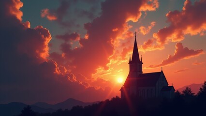 Fototapeta premium Church Silhouette Against Dramatic Sunset Sky