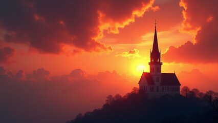 Obraz premium Church Silhouette On Hill At Sunset