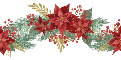 Seamless border with a red poinsettia Christmas flower, fir branches, vegetation and berries highlighted on a white background. Design element