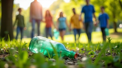 Discarded Bottle In Park, People In Background