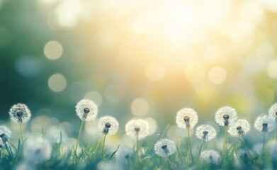 A beautiful close-up image taken on a warm summer morning showcases fresh green grass and ripe dandelions in a natural meadow, set against a blurred background
