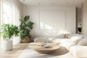 Fototapeta premium Bright Scandinavian Living Room with Large White Picture Frame Mockup