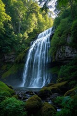 Obraz premium a close up of a waterfall in a forest with moss on the ground