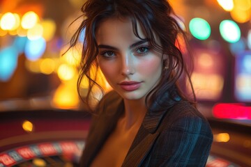 Sophisticated Woman in Sleek Suit Plays Roulette With Cigarette in a Lively Casino Environment