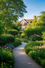 Fototapeta premium a view of a pathway through a garden with a house in the background