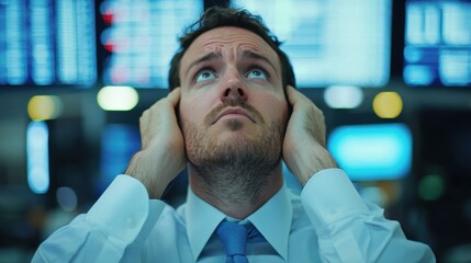 Obraz premium Man in Business Attire Looking Up with Concern Amidst Stock Market Display of Financial Data and Information