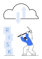 Worker with pickaxe smashing Risk blocks under cloud with arrows. Ideal for risk management, digital security, innovation, problem-solving, resilience, data transfer, abstract line flat metaphor