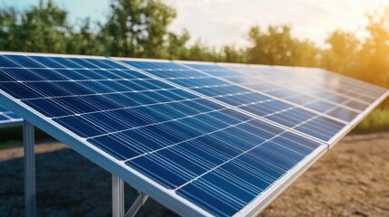 Solar Panel Installation Under Bright Sky with Greenery in Background for Sustainable Energy Solutions