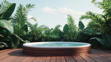Fototapeta premium Tranquil Outdoor Hot Tub Surrounded by Lush Green Tropical Plants on a Sunny Day