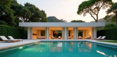 Fototapeta premium Serene Evening at a Modern Poolside Pavilion with Lush Landscaping and Tranquil Ambiance