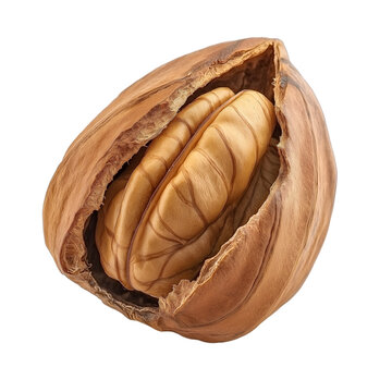 Fallen hickory nut with ridged shell isolated on transparent white background