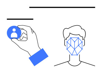 Hand holds circular user profile icon next to head scanned with facial recognition pattern. Ideal for technology, AI, identity verification, security, biometrics, user access, innovation. Flat simple