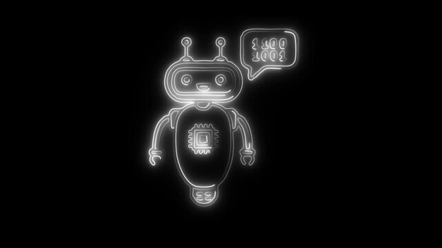 Glowing neon robot Chip icon isolated on black background. HD Video motion graphic animation