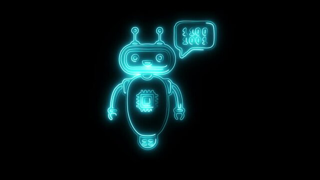 Glowing neon robot Chip icon isolated on black background. HD Video motion graphic animation