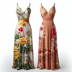 Naklejka premium Two Elegant Maxi Dresses, Vibrant With Tropical Floral Prints, Perfect For A Summer Wedding Or A Beachside Celebration, Showcasing A Luxurious Flow And Soft Drape