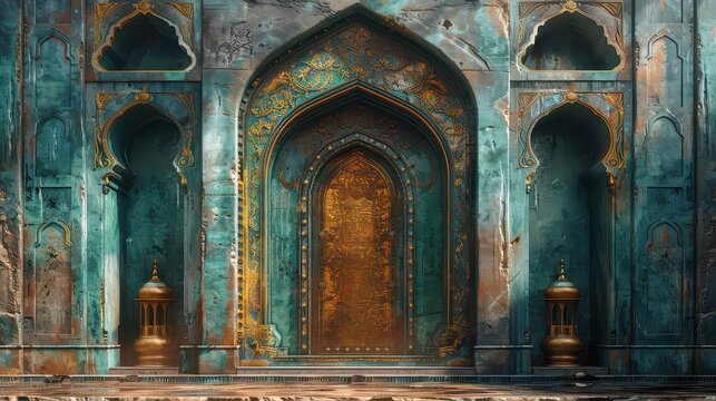 A blue and gold building with arched doorways and gold trim