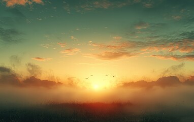 Fototapeta premium Sunrise through mist over field
