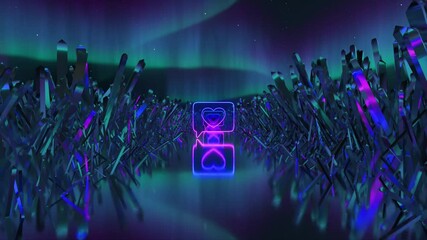 Glowing neon heart-shaped frame and message icons with hearts inside float through a field of metallic grass under a mesmerizing aurora borealis