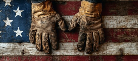 Modern gig economy symbolism with touchscreen gloves and digital flag overlay on coworking space desks, targeting freelance union promotions, remote worker rights blogs, or app-based labor documentary