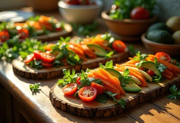 colorful plant based meals artfully arranged rustic wooden boards fresh produce vibrant ingredients, arrangement, bowl, bright, colors, combinations, cooking