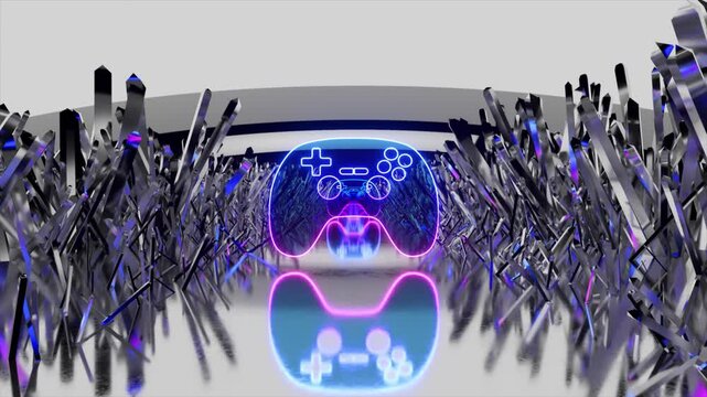 Glowing gamepad icon pulsating within metallic environment, emerging and fading against pristine white background, representing digital gaming technology and visual dynamism