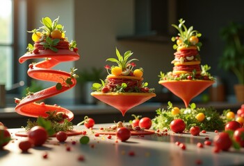 gravity defying culinary creations featuring vibrant artistry food design presentation, decorative, dessert, gourmet, pastry, visual, color, intricate