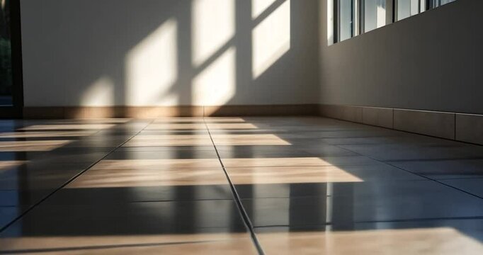 Sunlight streams through windows illuminating a tiled floor in a minimalist room. Warm light creates shadows and reflections