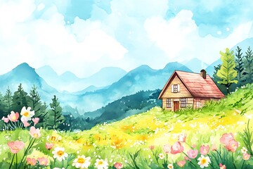 Fototapeta premium Watercolorstyle illustration of cozy cottage with wildflower meadow warm afternoon light pastoral scene